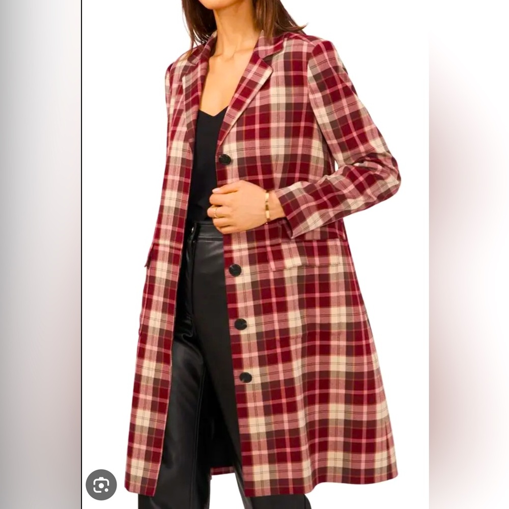 1 State Red & Beige Plaid Collar Topcoat Coat Peacoat Casual Fall Jacket NWOT